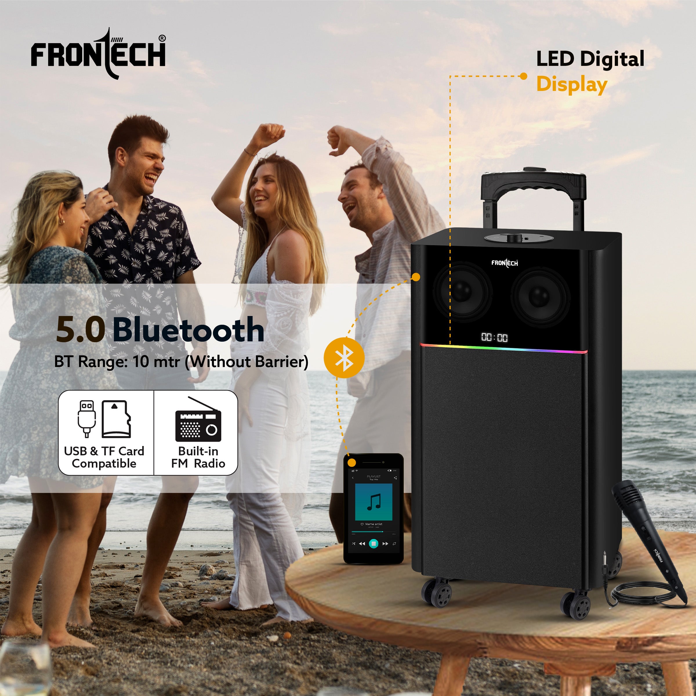 Frontech CRUX-166 | 90W | Tower Speaker with Bluetooth 5.0 | Wired Microphone for Karaoke | FM Radio | USB/AUX/TF Card Support | Portable Trolley Design with Wheels & Handle | LED Display (SW-0166) Frontech CRUX-166 | 90W | Tower Speaker with Bluetooth 5.0 | Wired Microphone for Karaoke | FM Radio | USB/AUX/TF Card Support | Portable Trolley Design with Wheels & Handle | LED Display (SW-0166)